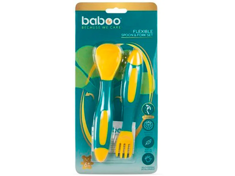 Baboo set flexibil lingura + furculita turcoaz 6M+ 10-037