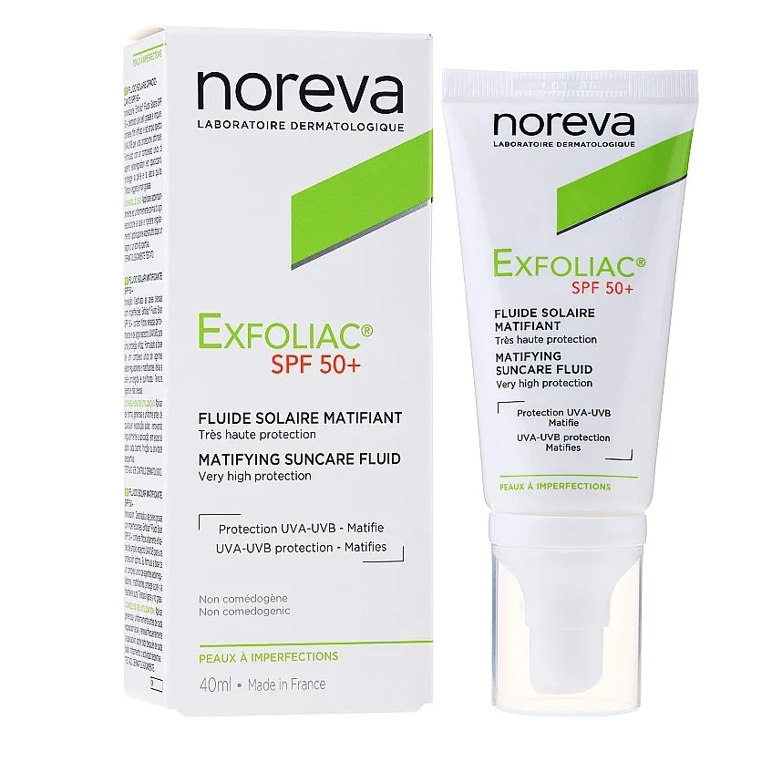 Noreva EXFOLIAC Cremă SPF 50 (protecția solară pentru ten problematic), 40 ml.