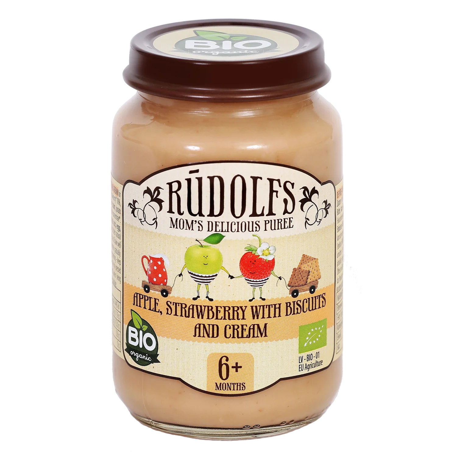 Rudolfs Organic Piure Mere, căpșuni cu biscuiți și frișcă 190g (6+)