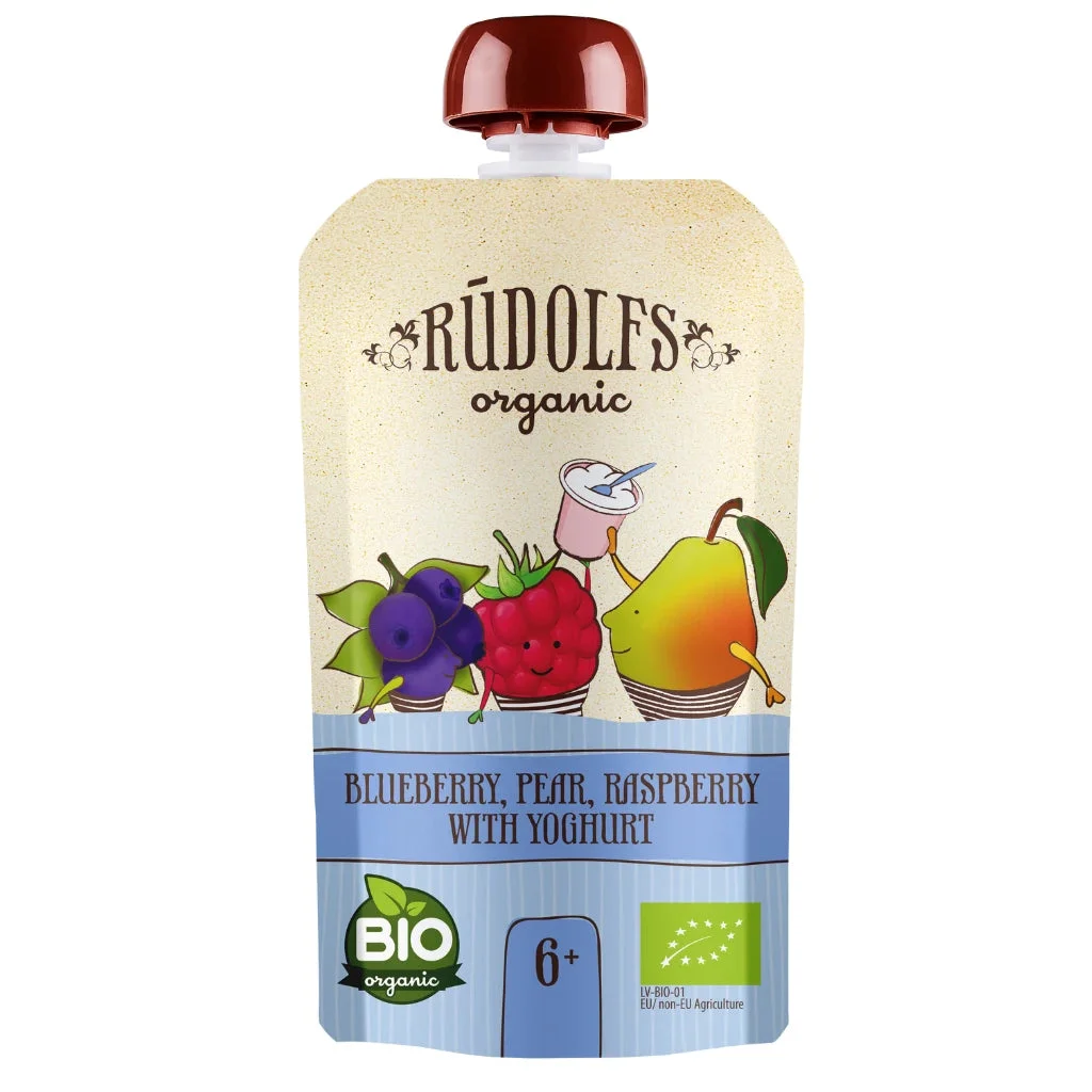 Rudolfs Organic Pouch Afine, pere, zmeură cu iaurt 110g (6+)