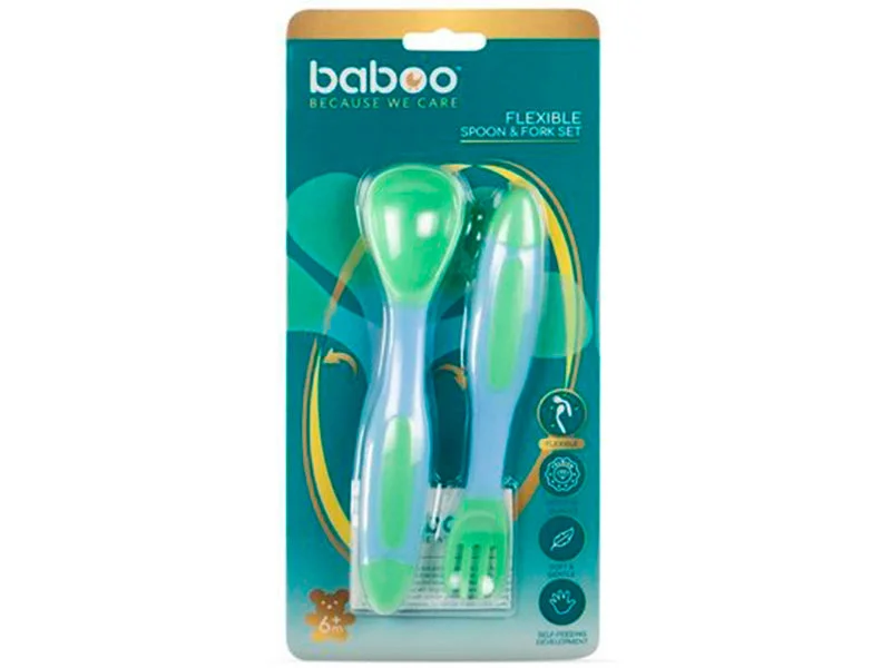 Baboo set flexibil lingura + furculita verde 6M+ 10-038