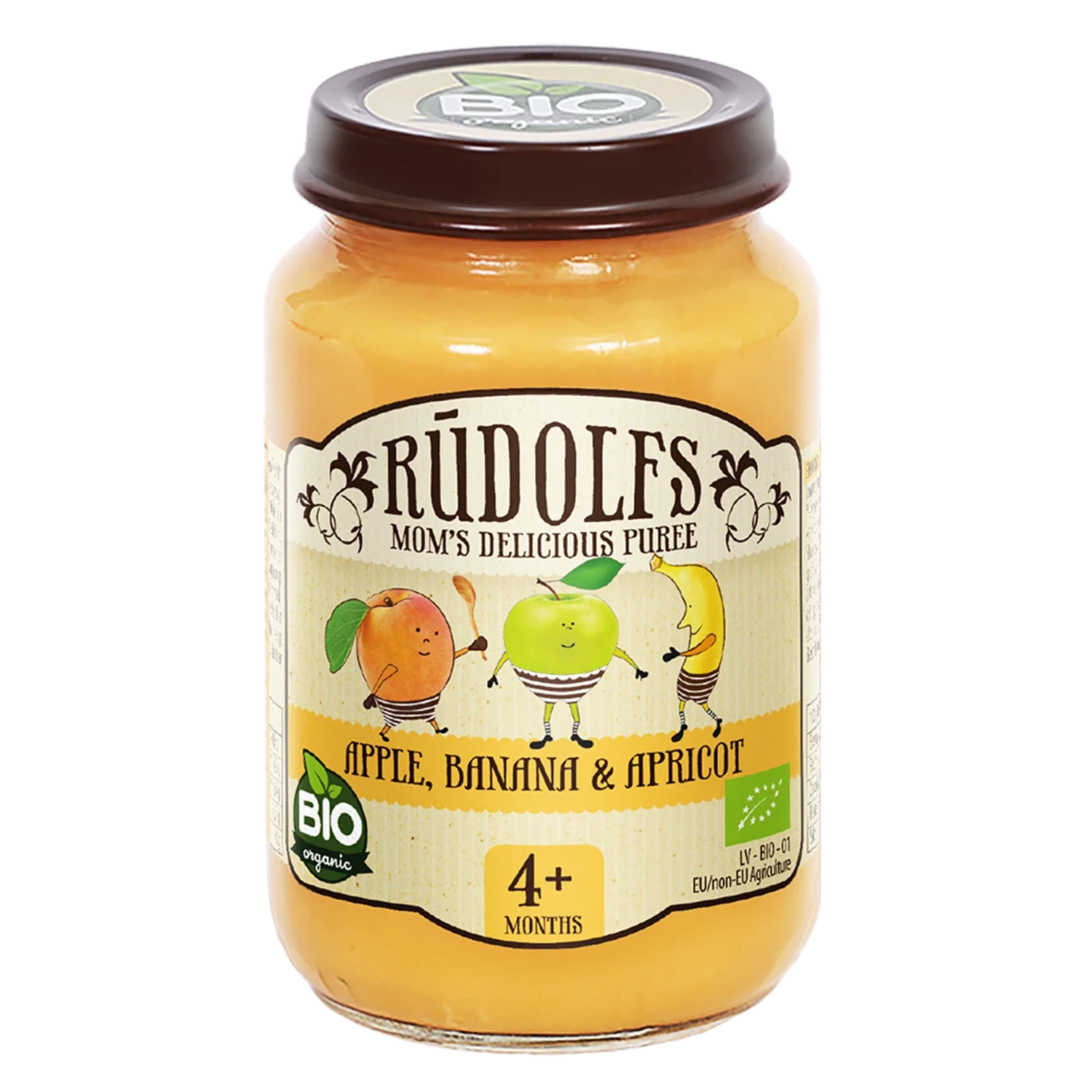 Rudolfs Organic Piure Mere, banane, caise 190g (4+)