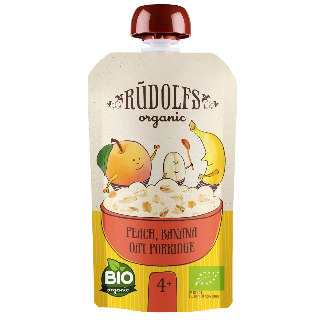 Rudolfs Organic Pouch Piersici, banane și ovăz 110g (4+)