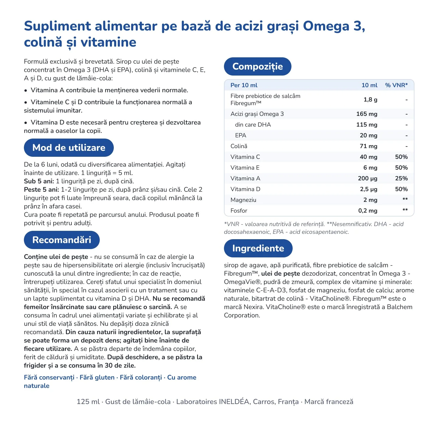 INELDEA Pediakid Omega 3 (cu gust lămâie-cola) sirop 125ml