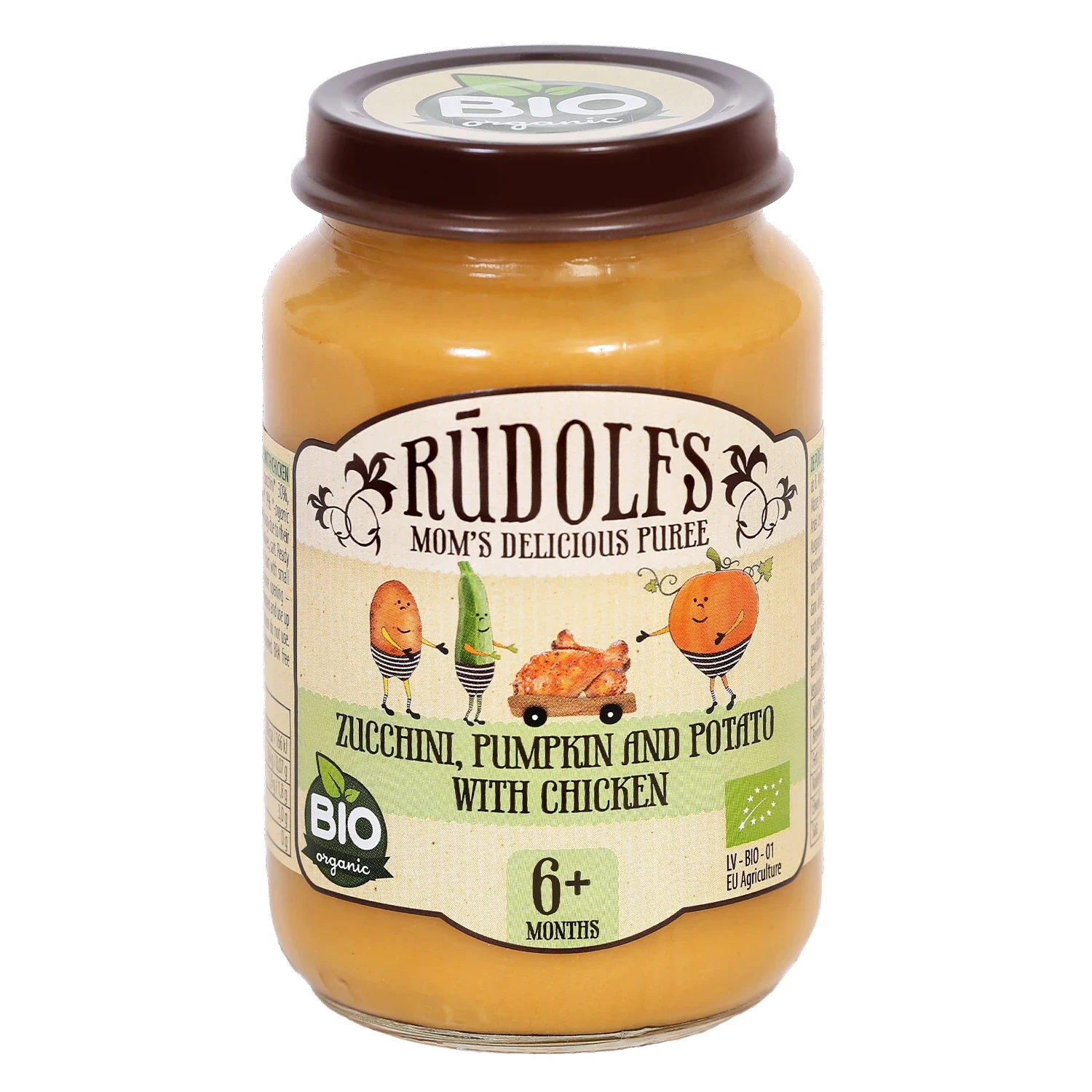Rudolfs Organic Piure Zucchini, dovleac și cartof cu carne de pui 190g (6+)