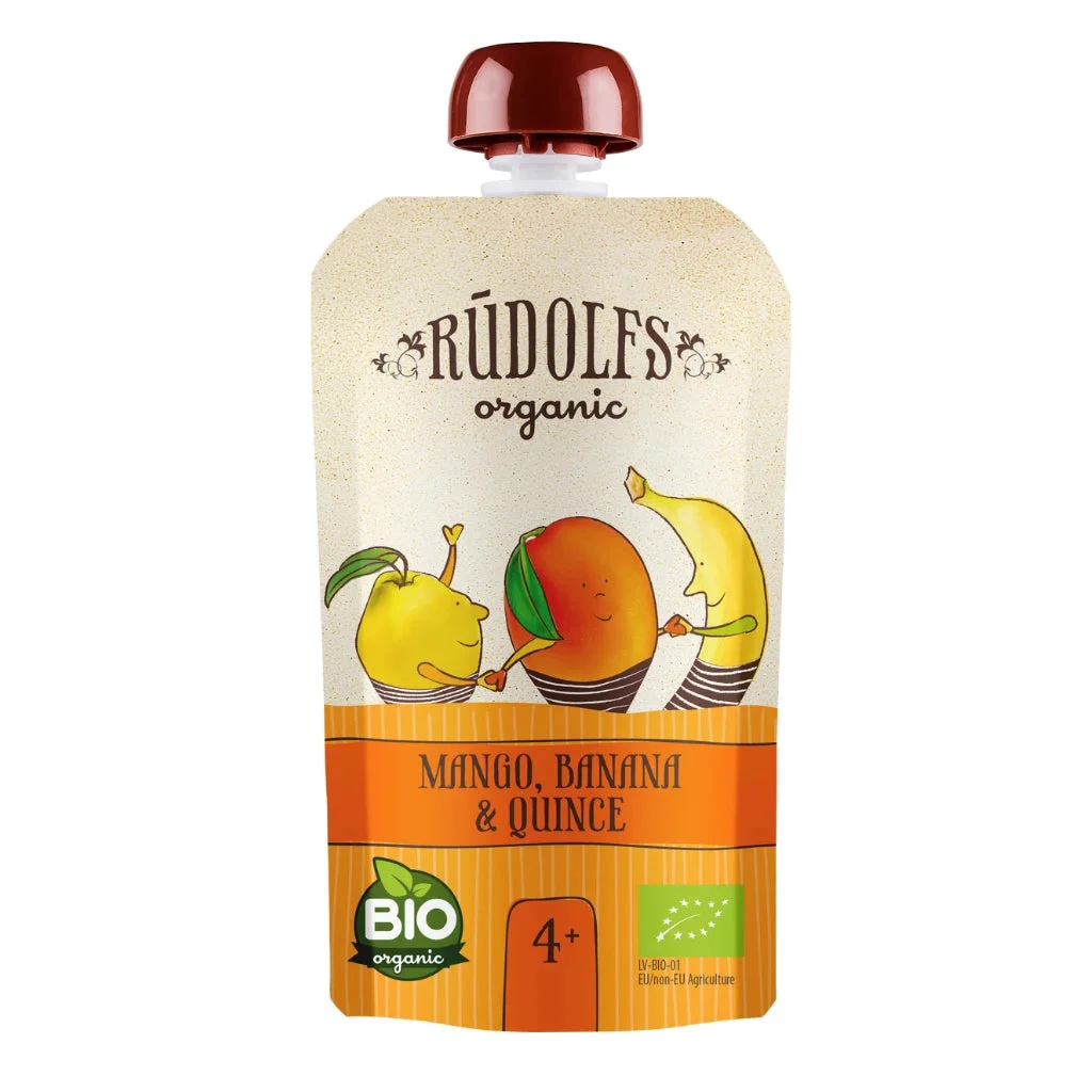 Rudolfs Organic Pouch Mango, banane și gutui 110g (4+)