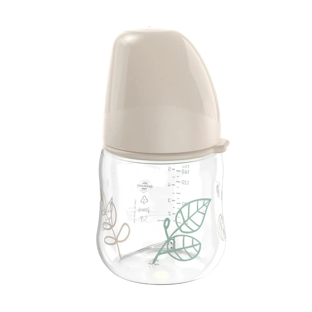 NIP Cherry Green Biberon gat larg bej, plastic,tetina rotunda anticolic,latex, 0+, S, 150ml