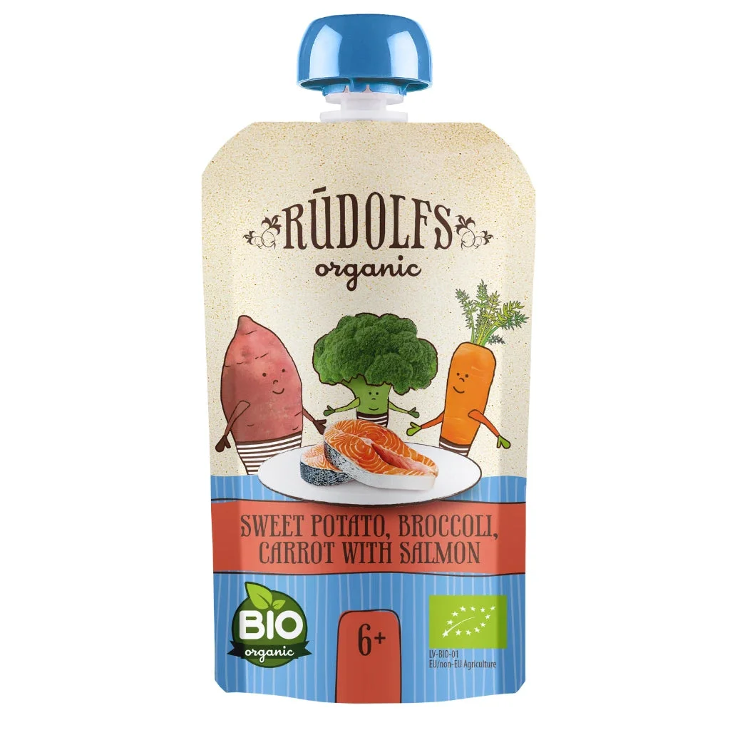 Rudolfs Organic Pouch Cartof dulce, broccoli, morcovi cu somon 110g (6+)
