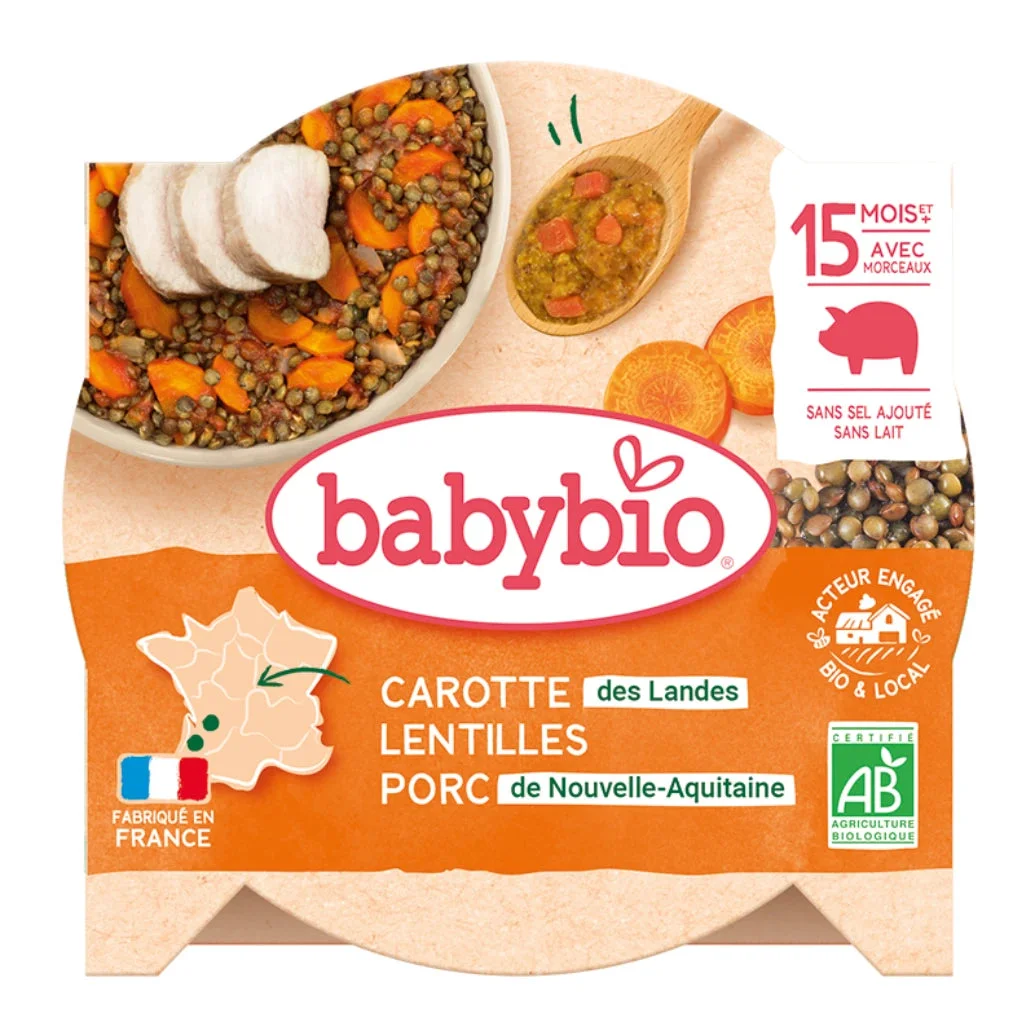 Babybio Piure din morcovi, carne de porc, linte și chimen (15+) 260g
